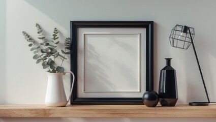 Fototapeta premium Mockup of a black square frame featuring home decor. A wooden shelf is placed against a wall. Copy space available.