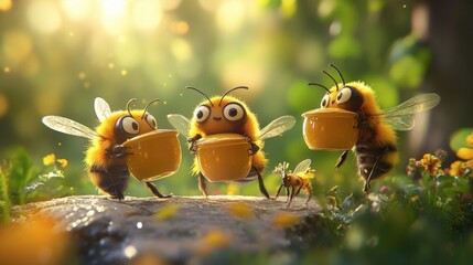Naklejka premium Cheerful cartoon bees gathering honey in a sunny flower garden