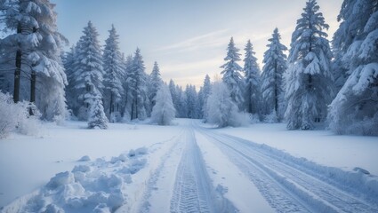 Obraz premium A sweeping view of the trees in the snowdrifts. Enchanting winter forest. Nature winter scenery.