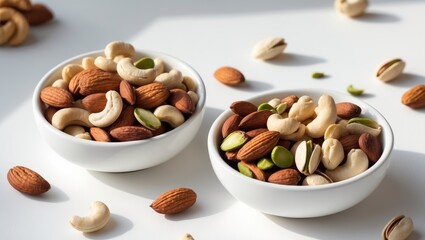 Mixed nuts in a white ceramic dish.