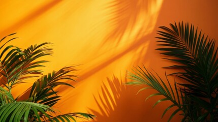 Palm Leaves and Shadows on an Orange Wall