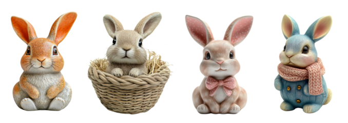 A collection of cute and expressive Easter bunny figurines, including a baby rabbit in a woven basket, evoking a warm and festive holiday atmosphere, isolated on a transparent background.