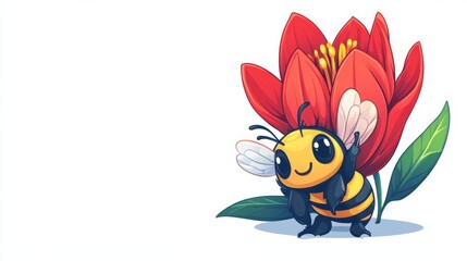 Cute Cartoon Bee with Red Flower and Green Leaves in a Bright Scene