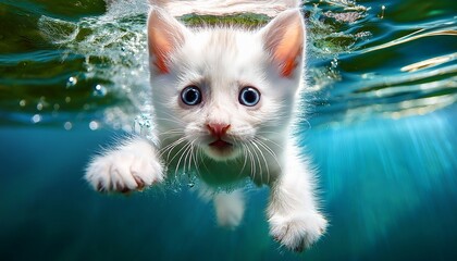 small white kitten swimming in water with light reflections and ripples mid stroke with front paws extended forward and eyes wide open creating a unique scene