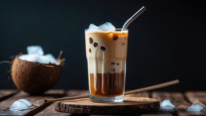 Cold refreshing Thai iced tea coffee served with coconut milk and a metal straw alongside ice cubes on a wooden table with a dark background.