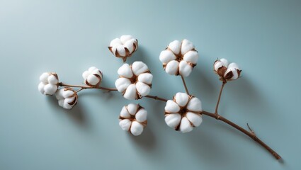Cotton flower on a soft pastel blue paper backdrop, viewed from above. Minimalist flat lay arrangement.
