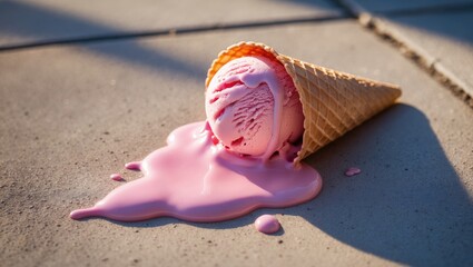 Melting strawberry ice cream cone fallen onto the pavement in the bright sunshine.
