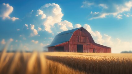 Obraz premium Blurred countryside background featuring a rustic barn set against a bright sky filled with fluffy clouds, highlighting the charm and tranquility of rural life.
