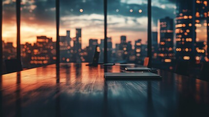 Dark Wooden Conference Table With Laptops at Sunset City View
