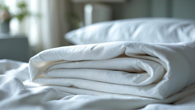 Close-up of a white bedsheet background, exemplary hotel service. High-quality photograph.