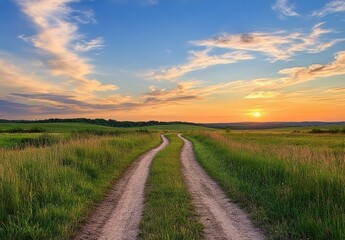 Obraz premium Serene Sunset Over Wide Open Fields with Winding Dirt Path Leading to Horizon, Capturing Tranquil Vistas and Beautiful Cloud Patterns in Sky