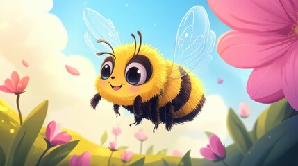 Obraz premium Cute Cartoon Bee Flying Among Colorful Flowers in Sunny Landscape
