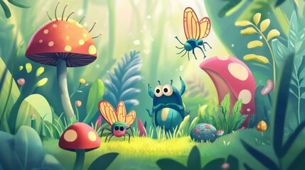 Colorful Fantasy Garden with Playful Insects and Mushrooms