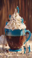 Creative food art featuring tiny figurines scaling a giant whipped cream-topped cup of hot chocolate, symbolizing teamwork, imagination, and delicious indulgence.