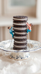 Whimsical food photography showing miniature figurines climbing a tower of Oreo cookies, symbolizing adventure, determination, and a love for sweets.