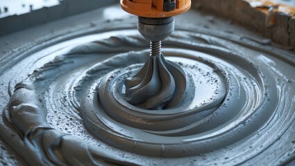 The drill nozzle is placed into wet mortar. Mixture for finishing tasks in construction. Marks of tool rotation. Home repair. Close-up, selective focus.