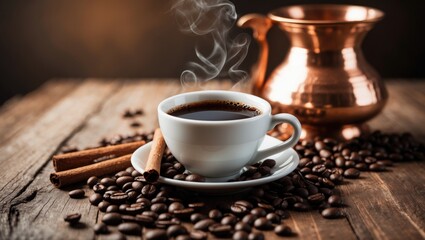 Fototapeta premium Coffee cup and saucer placed on a wooden table.