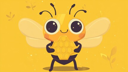 Cute Cartoon Bee Holding Honeycomb on Bright Yellow Background
