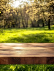 Fototapeta premium Serene Wooden Table on Natural Background with Soft Blurry Trees Bathed in Sunlight Creating a Peaceful Outdoor Atmosphere
