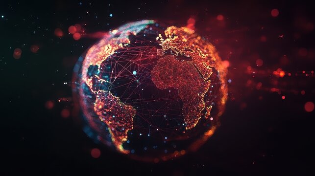 Holographic globe with network nodes, world connection, international business.