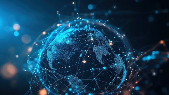 Holographic globe with network nodes, world connection, international business.