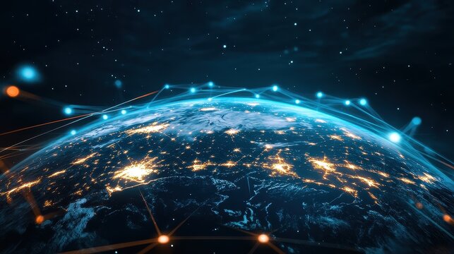 Holographic globe with network nodes, world connection, international business.