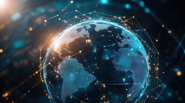Holographic globe with network nodes, world connection, international business.