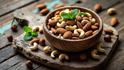 Fototapeta premium Mixed nuts in a wooden bowl placed on an old table, with selective focus.