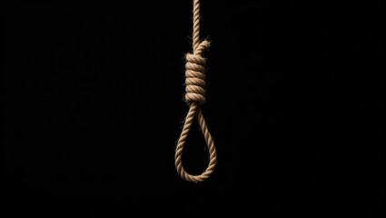 Capital punishment, suicide attempt, and death penalty theme featuring a rope tied into a noose against a black background with a cutout clipping path.