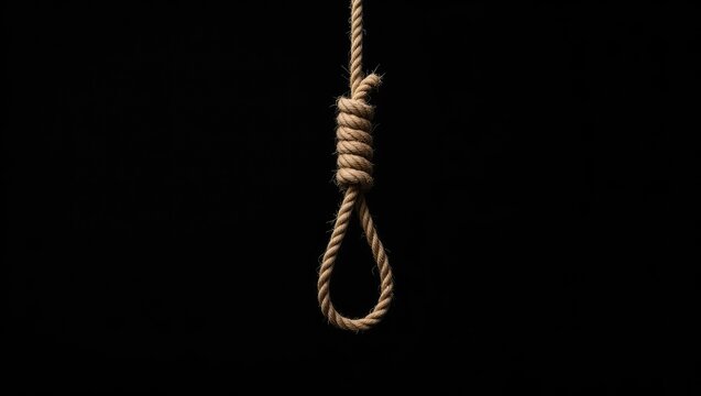 Capital punishment, suicide attempt, and death penalty theme featuring a rope tied into a noose against a black background with a cutout clipping path.
