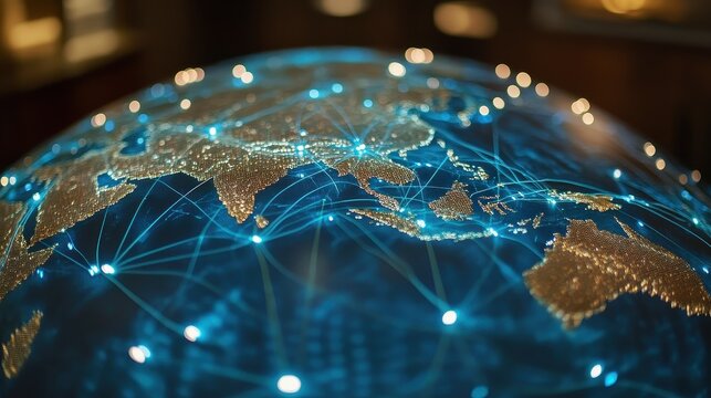 Holographic globe with network nodes, world connection, international business.