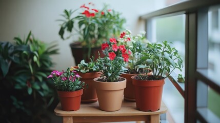 Fototapeta premium A cozy balcony corner decorated with an array of flowering pot plants.
