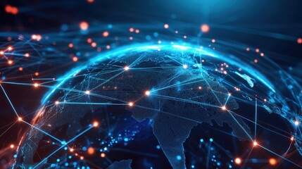 Obraz premium Holographic globe with network nodes, world connection, international business.