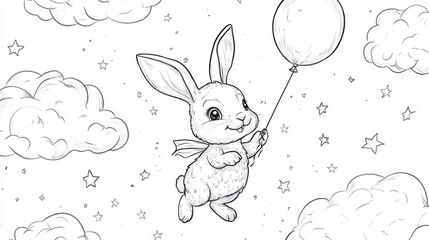 Obraz premium Cute Cartoon Bunny Flying with Balloon in Cloudy Sky Illustration
