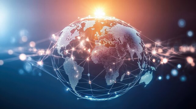 Holographic globe with network nodes, world connection, international business.