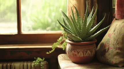 A cozy corner with a large potted aloe vera adding greenery.