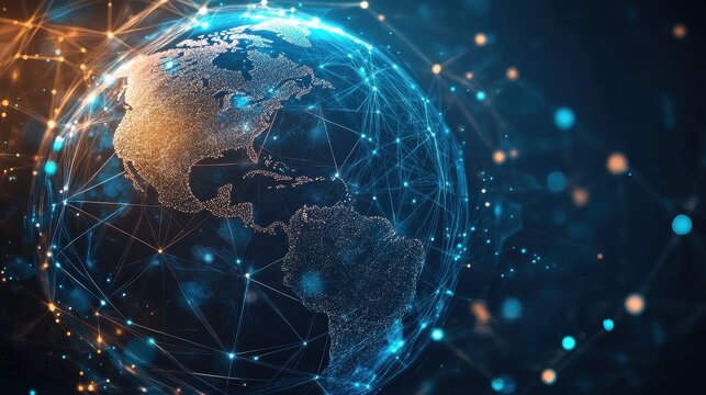 Holographic globe with network nodes, world connection, international business.