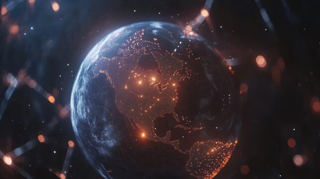 Holographic globe with network nodes, world connection, international business.