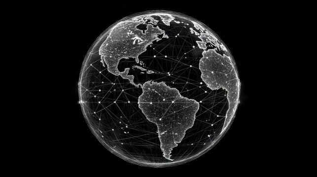 Holographic globe with network nodes, world connection, international business.