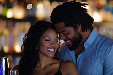 Fototapeta premium An affectionate couple shares radiant smiles in a vibrant bar setting, highlighting their connection and joy while enjoying their time together amidst the lively atmosphere.