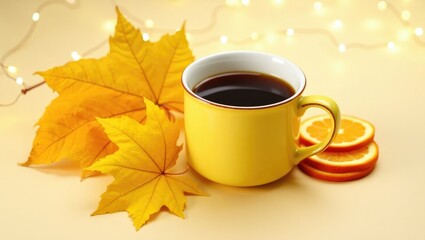Coffee in a yellow cup, dried orange slices, and yellow autumn leaves set against a backdrop highlighted with decorative accents. Autumn coffee theme.