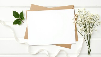 Fototapeta premium Feminine wedding stationery, mock-up scene on a desktop. Blank greeting card, craft envelope, baby's breath flowers, silk ribbon, and lentisk branches. Flat lay from above.