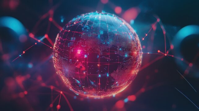 Holographic globe with network nodes, world connection, international business.