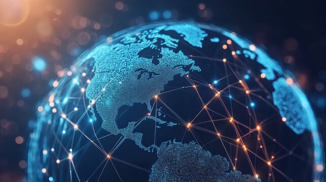 Holographic globe with network nodes, world connection, international business.