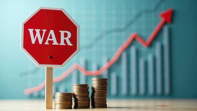 War sign against an economy backdrop - graph and coins. Economic crisis due to armed conflict. - Powered by Adobe