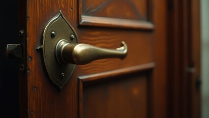 Obraz premium External door handle lacking a protective lock on a wooden frame. Close-up of a metallic door handle on a brown front or interior door. Concept of home door design choice.