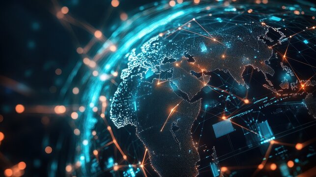 Holographic globe with network nodes, world connection, international business.