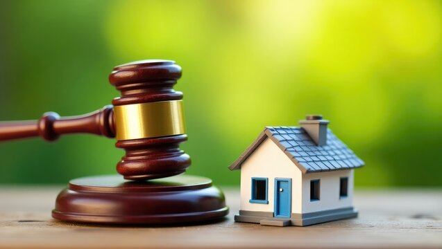 Legal concerns in real estate transactions. A miniature model house alongside a judge's gavel. The convergence of law and real estate in various areas such as property rights, contracts, etc.