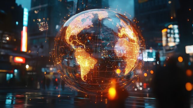 Holographic globe with network nodes, world connection, international business.