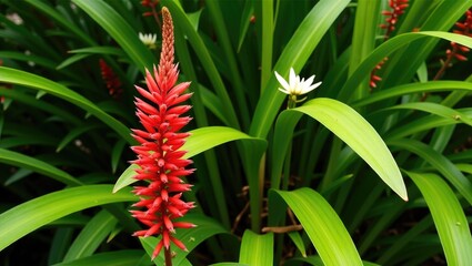 Obraz premium Red Scarlet Sage - a striking flowering plant admired for its vivid red, tubular flowers arranged in dense and upright spikes. It blooms in warm conditions and draws hummingbirds, butterflies, and ...